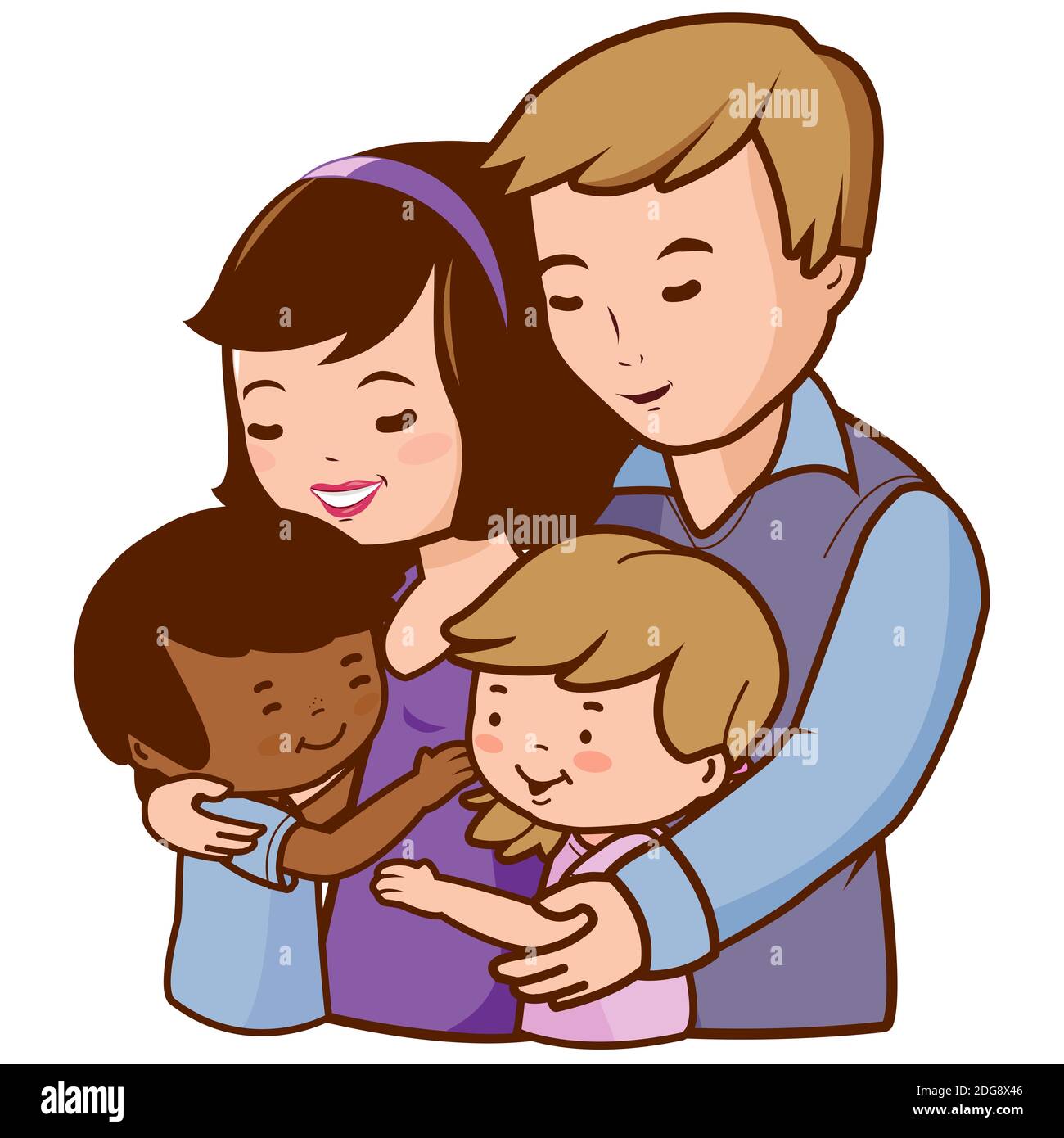 Mère et père embrassent leurs enfants adoptifs. Famille d'accueil heureuse, parents, maman, papa et enfants. Illustration vectorielle Banque D'Images