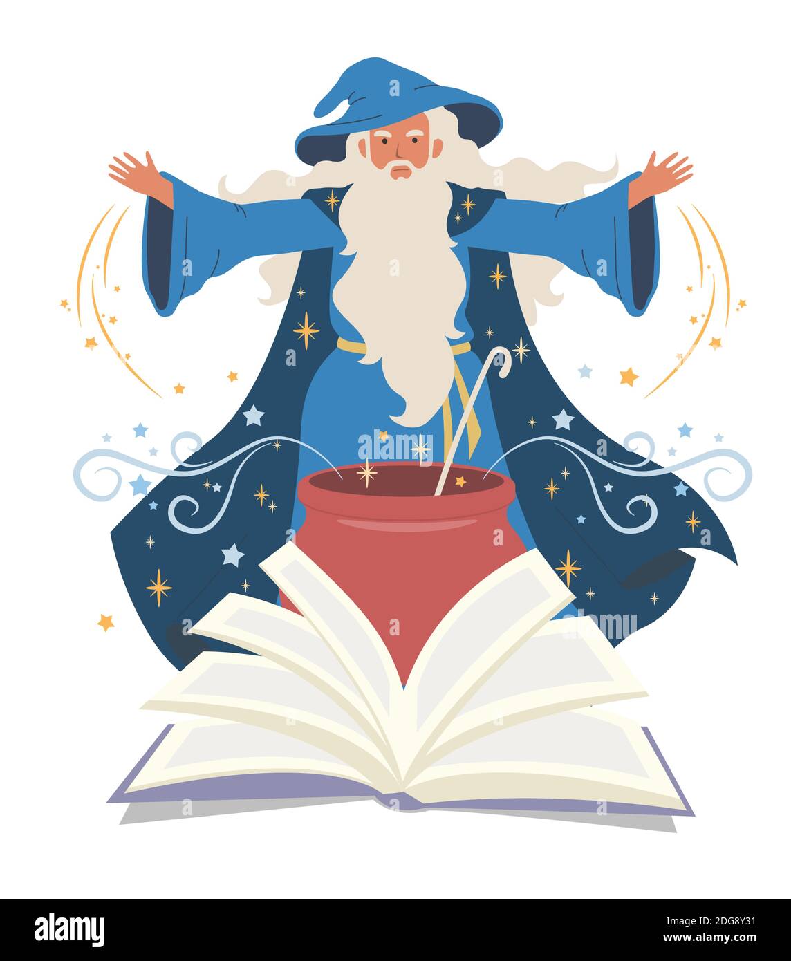 Assistant, mage, warlock, sorcier potion de cuisson dans le chou-fleur et livre de lecture, illustration vectorielle plate. Illustration de Vecteur