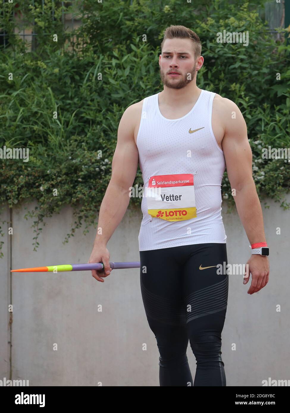 Champion du monde 2017 lanceur de javellos allemand Johannes Vetter LG Offenburg 13.Schönebecker Solecup 2018 Banque D'Images