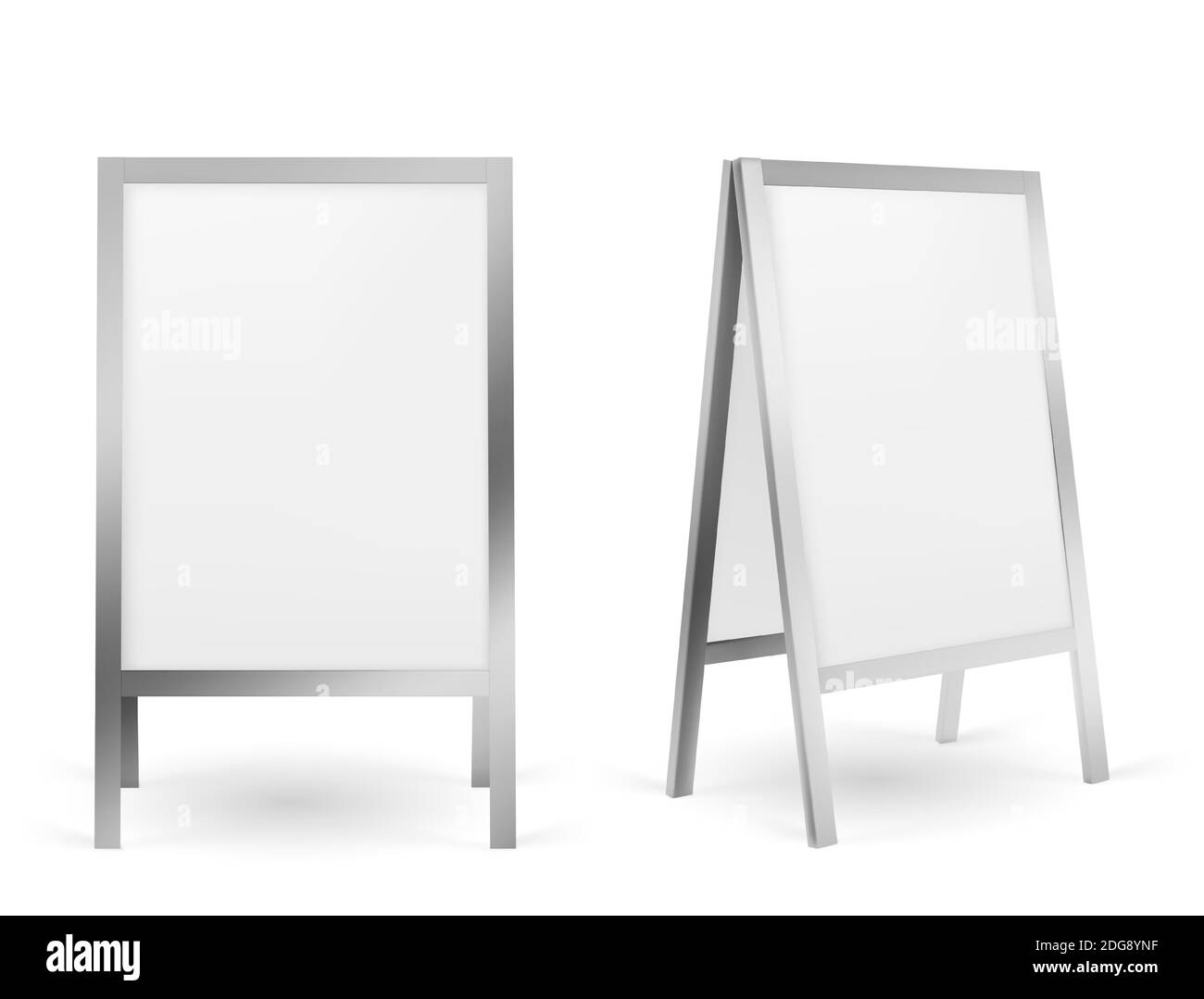 Panneau de trottoir, stand de publicité de trottoir vierge isolé sur fond blanc. Maquette vectorielle réaliste de panneau sandwich blanc avec cadre en métal, bannière extérieure pour menu, annonce ou annonce Illustration de Vecteur