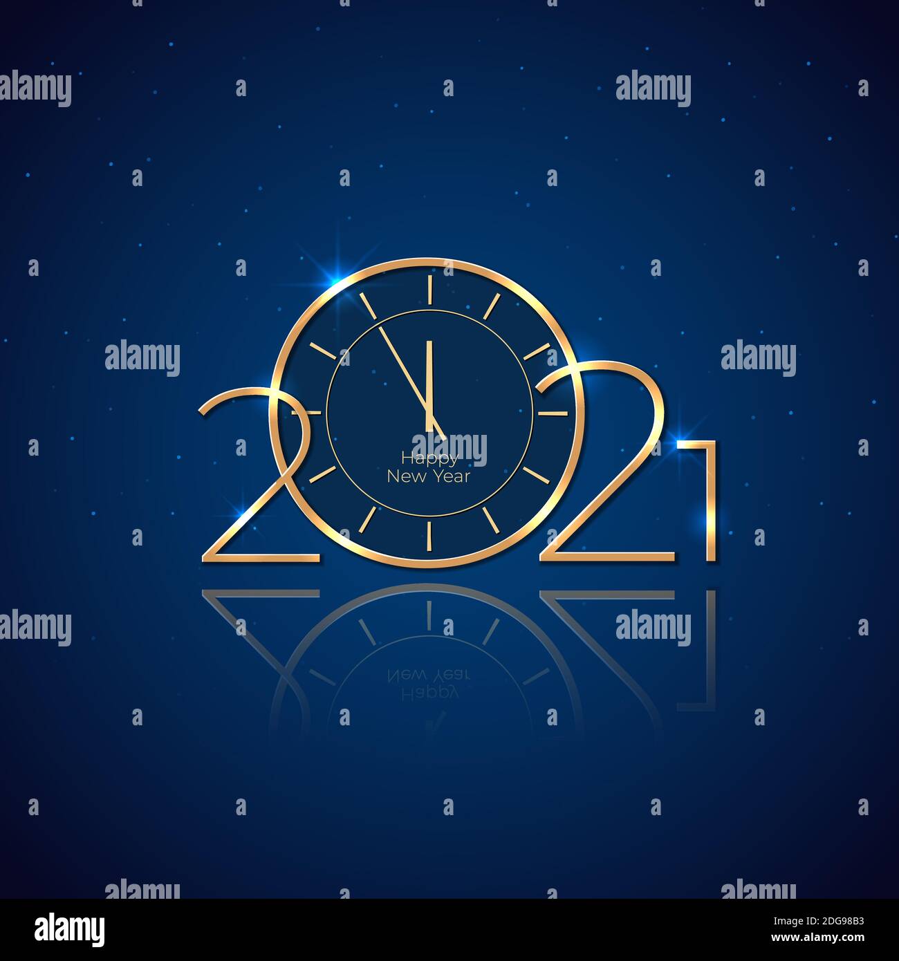 Nouvelle année 2021. Carte de Noël avec horloge dorée. Or brillant 2021 sur fond bleu. Nouveau design pour invitation, calendrier, carte de vœux. Golden l Illustration de Vecteur