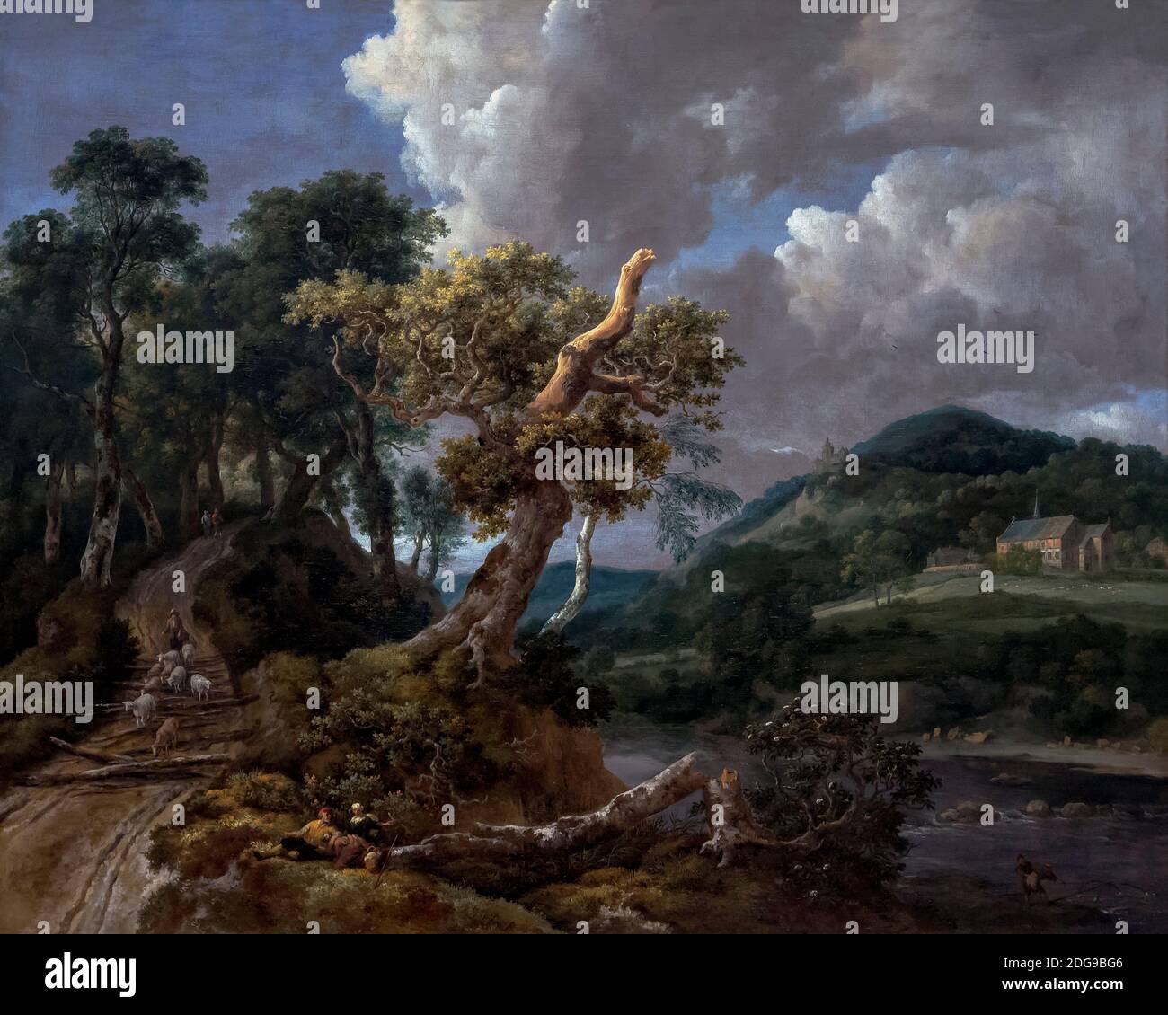 Un paysage boisé avec un berger et une bergerie reposant avec leur troupeau au bord d'une rivière, Jacob van Ruisdael, vers 1655-1660, Banque D'Images