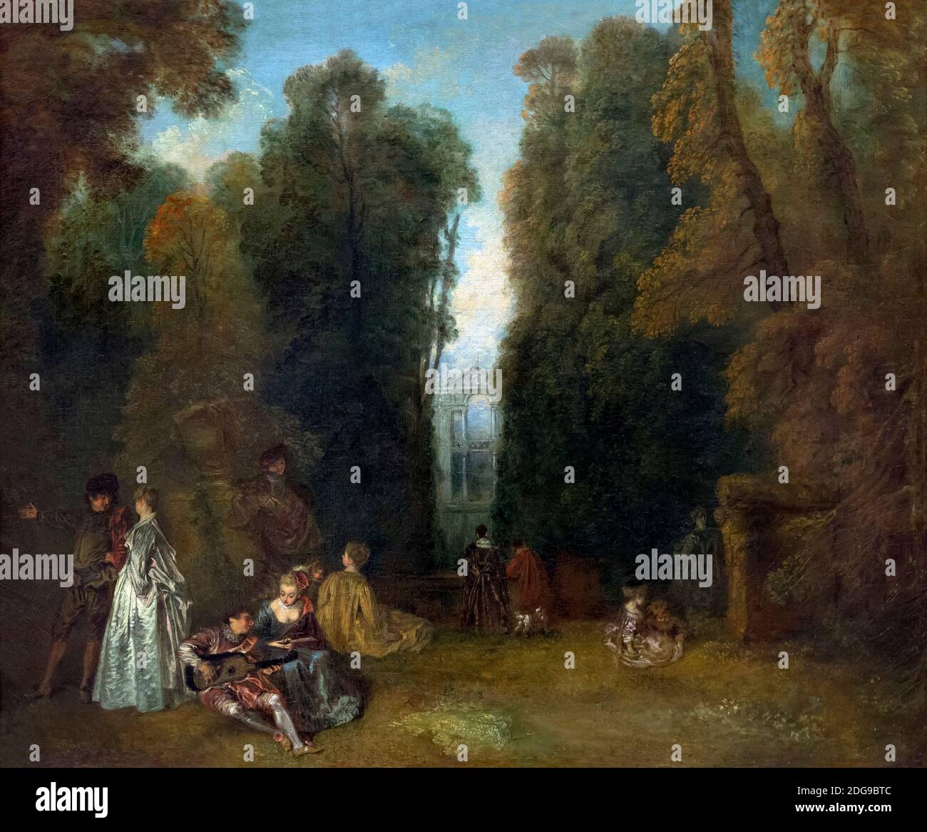 La perspective, vue à travers les arbres dans le Parc de Pierre Crozat, Antoine Watteau, vers 1715, Banque D'Images