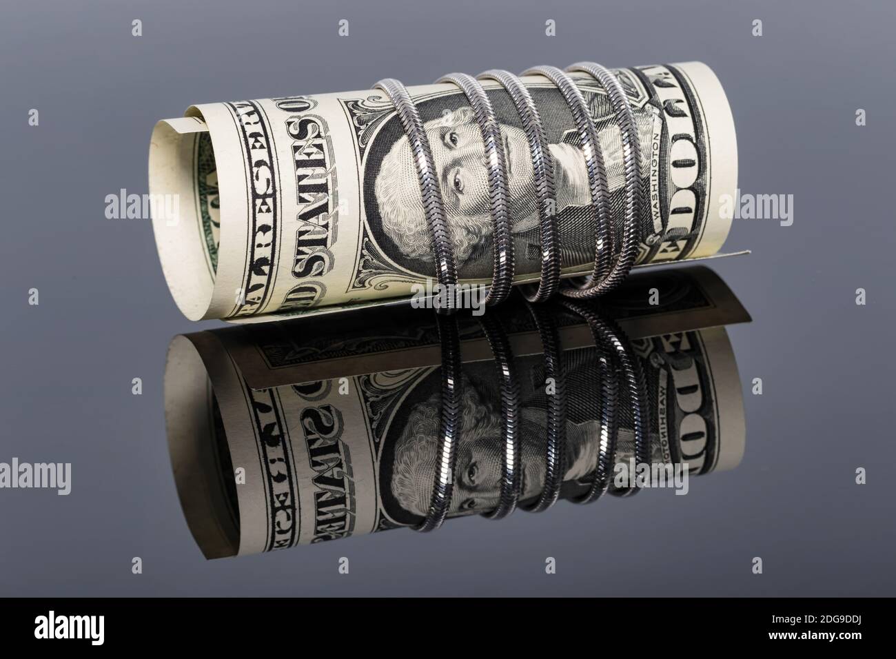 Un billet d'un dollar est enveloppé autour d'une chaîne d'argent avec un filet de serpent Banque D'Images