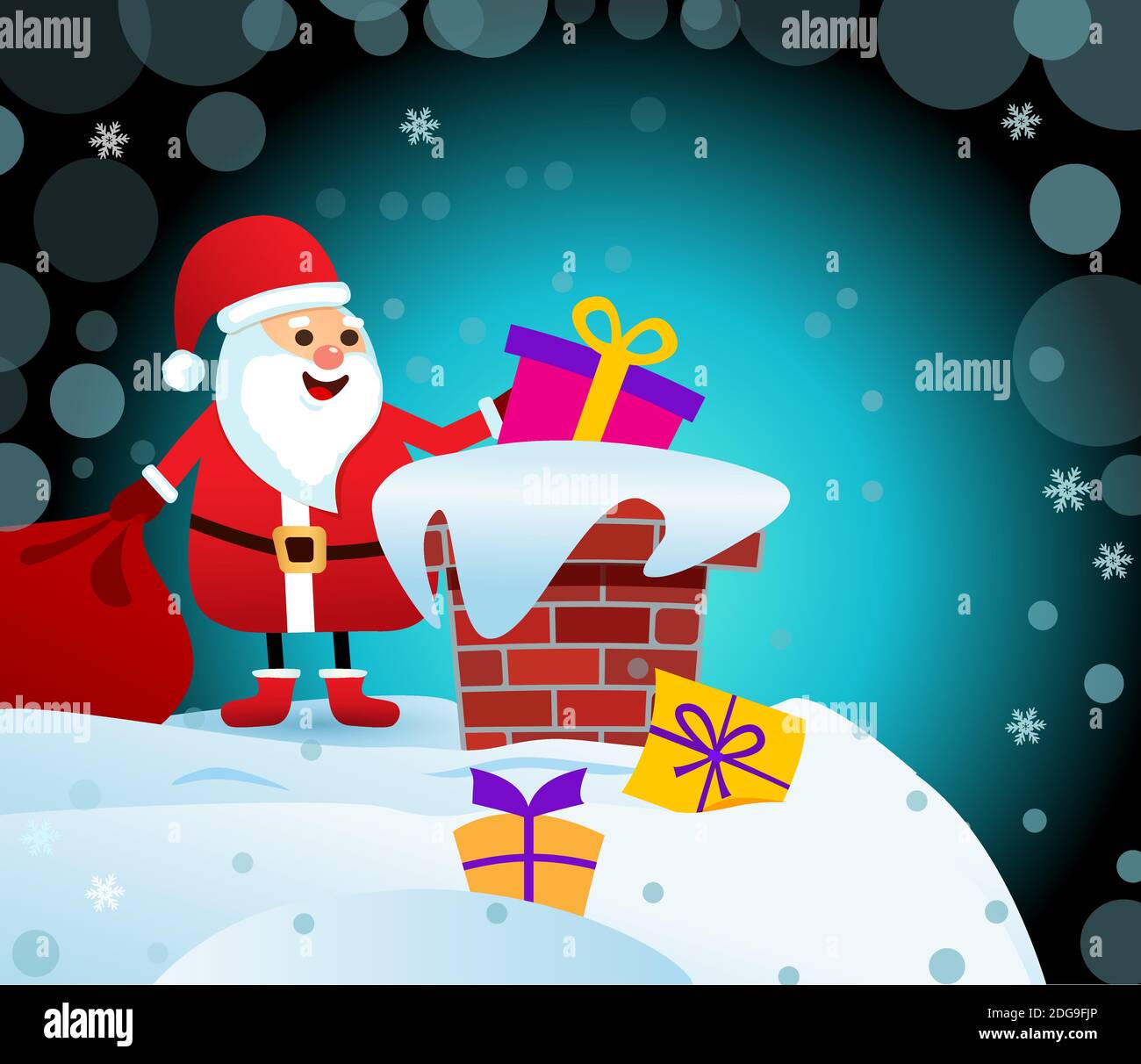 Illustration sombre Joyeux Noël. Le Père Noël sur le toit avec un sac de cadeaux, jette un cadeau dans la cheminée. Illustration de Vecteur