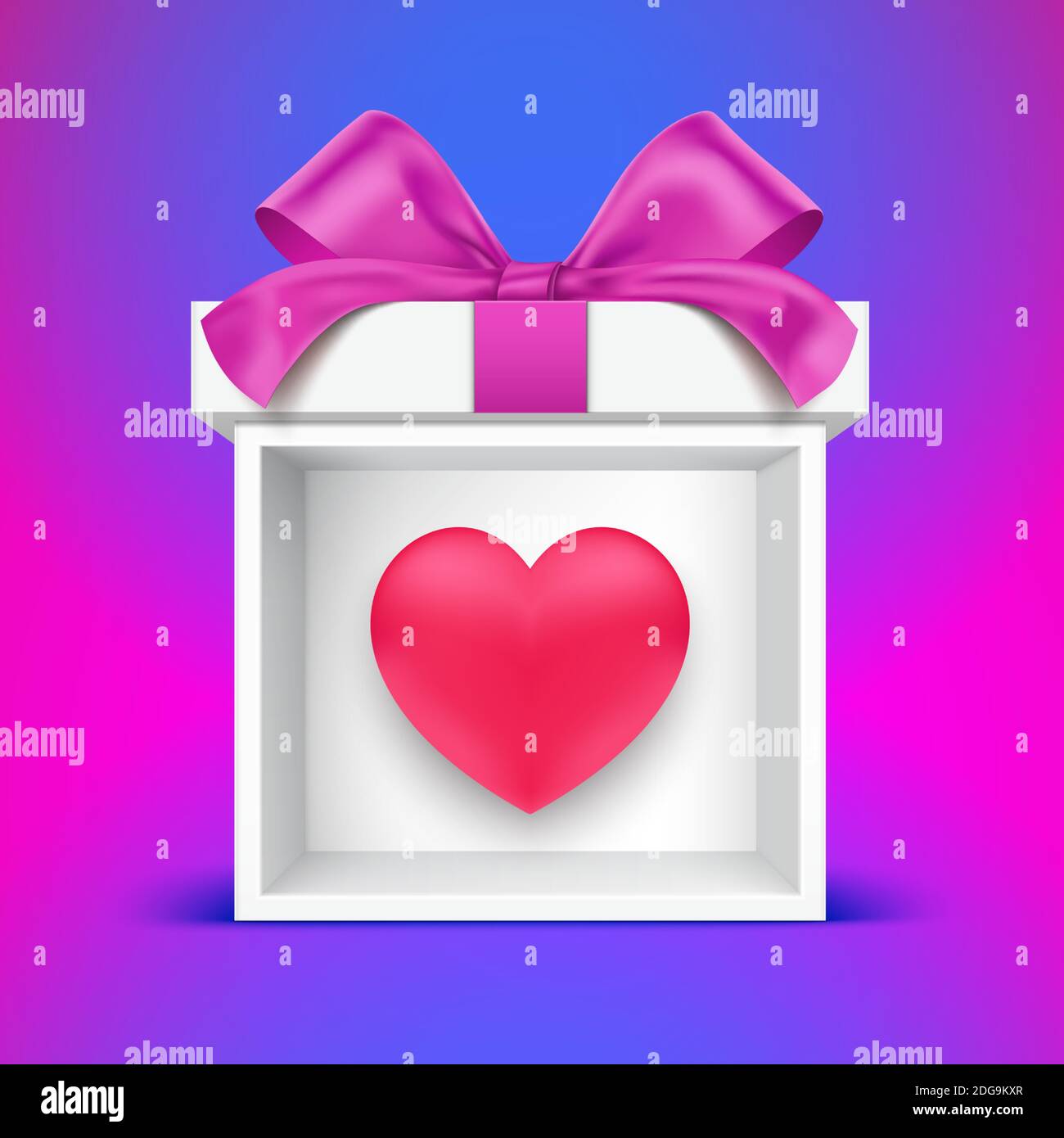 Coffret cadeau stand, avec l'icône coeur rouge à l'intérieur. Carte de vœux de Saint-Valentin, avec boîte cadeau blanche sur fond rose et bleu. Illustration vectorielle 3D romantique. Illustration de Vecteur