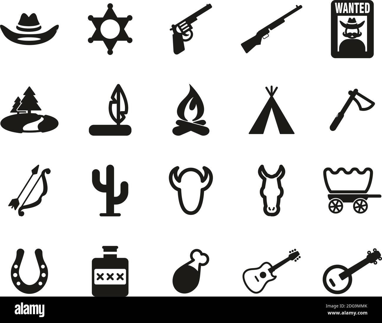 Wild West Icons ensemble noir et blanc grand Illustration de Vecteur