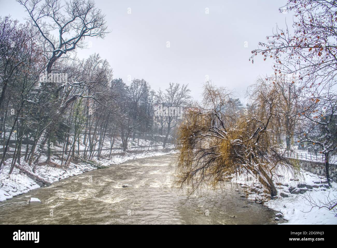 L'eau sale du fleuve passant après une forte chute de neige et sa promenade sur les côtés à Merano, en Italie, couverte de neige humide. Banque D'Images
