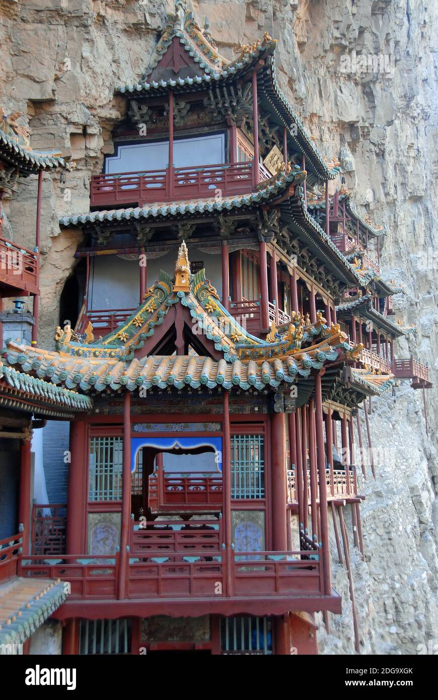 Le Temple suspendu ou Monastère suspendu près de Datong dans la province du Shanxi, en Chine. Détail de l'architecture en bois dans le temple. Banque D'Images
