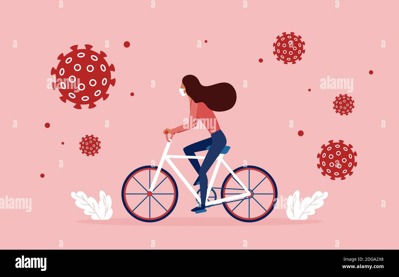 Fille portant un masque médical protégeant contre le coronavirus, équitation illustration vecteur vélo. Caricature femme personnage cyclisme extérieur, en utilisant des mesures de protection, covid19 concept de prévention fond Illustration de Vecteur