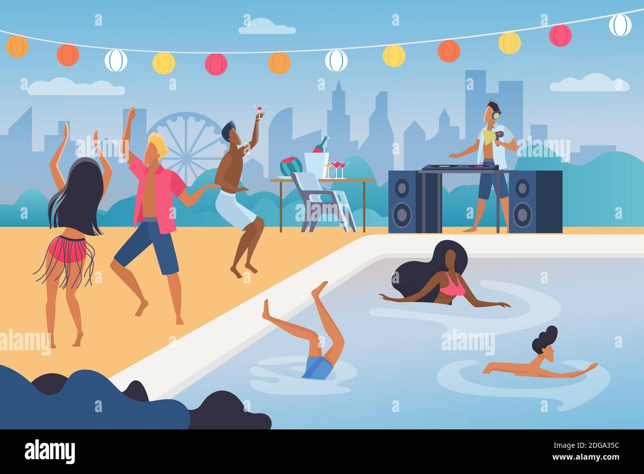 Les gens dansent dans l'illustration vectorielle de la fête de la piscine. Caricature homme heureux femme danseuse personnages dansant, sautant dans la piscine de la station aquatique, amusez-vous dans la musique tropicale plage cocktail fond Illustration de Vecteur