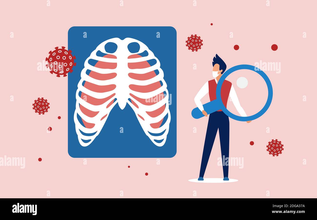 Poumons virus cellule médecine concept d'analyse illustration de vecteur. Homme de dessin animé en masque analysant la pneumonie ou les symptômes d'agents pathogènes respiratoires dans l'image des poumons d'organe, médecine technologie de soins de santé contexte Illustration de Vecteur