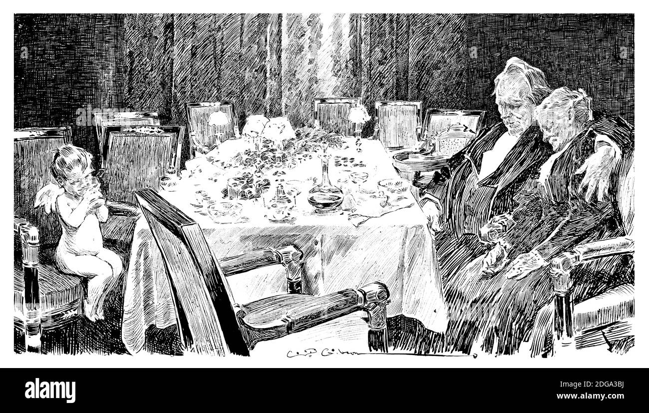 Le cinquantième anniversaire – The Last Guest, illustration de magazine par le designer américain Charles Dana Gibson de 1896 The Studio an Illustrated Magazine Banque D'Images