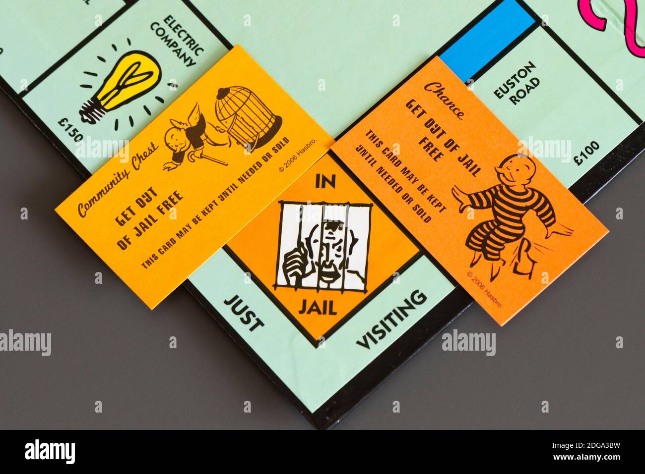 Une chance et un coffre communautaire sortent de prison Carte gratuite sur un tableau de monopole à côté de l'in Prison/juste pour visiter la place Banque D'Images