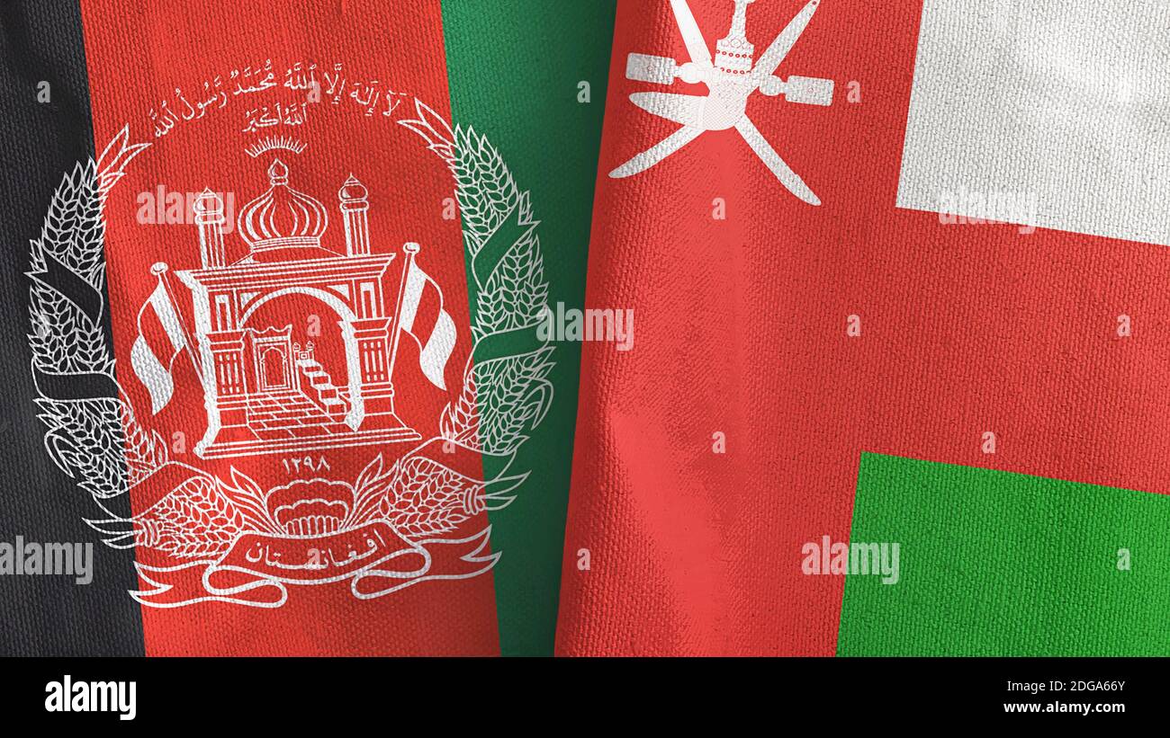 Oman et Afghanistan deux drapeaux textile tissu rendu 3D Banque D'Images