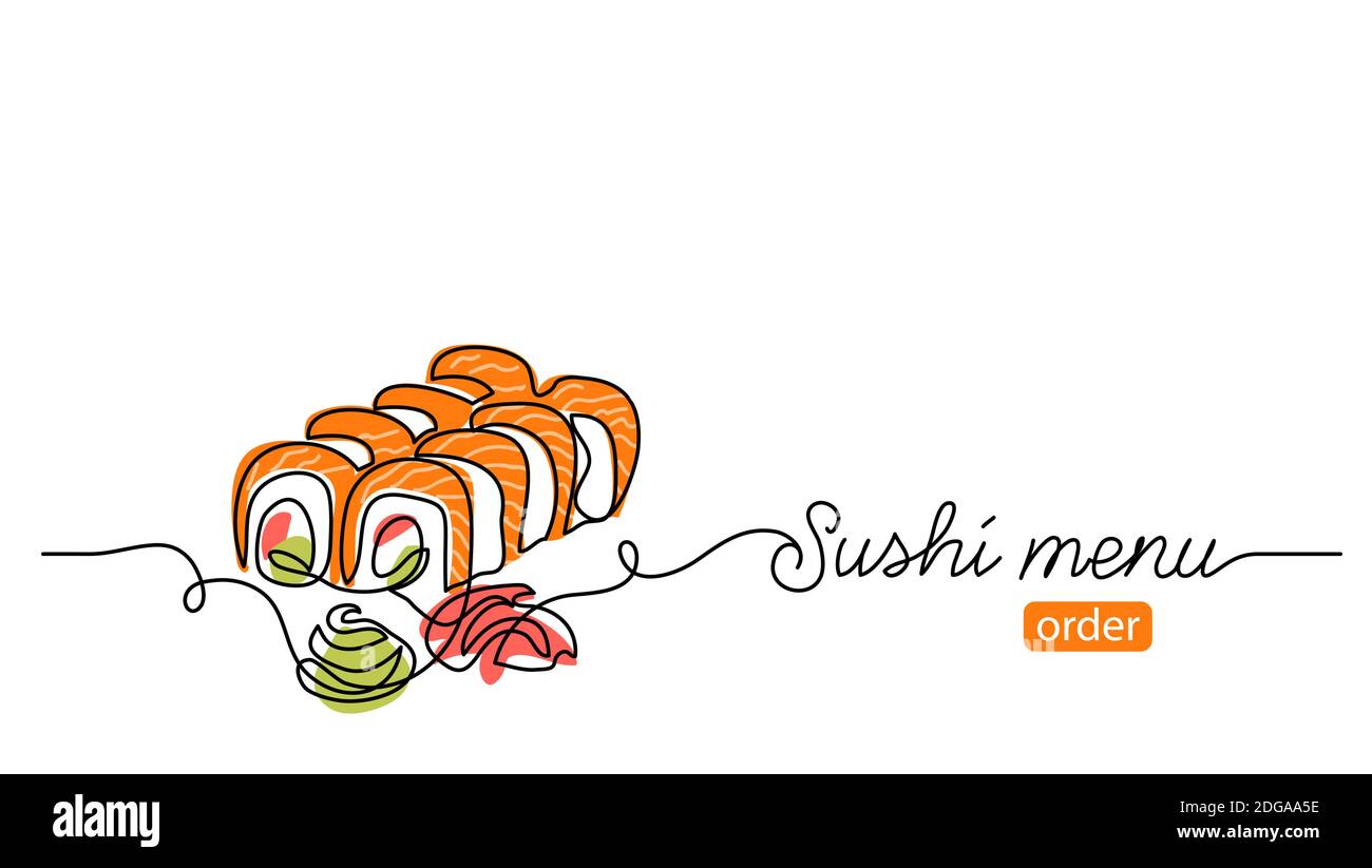 Banderole vecteur rouleau sushi, arrière-plan. Une bannière de dessin d'art en ligne continue avec menu sushi de texte pour la commande, la livraison Illustration de Vecteur
