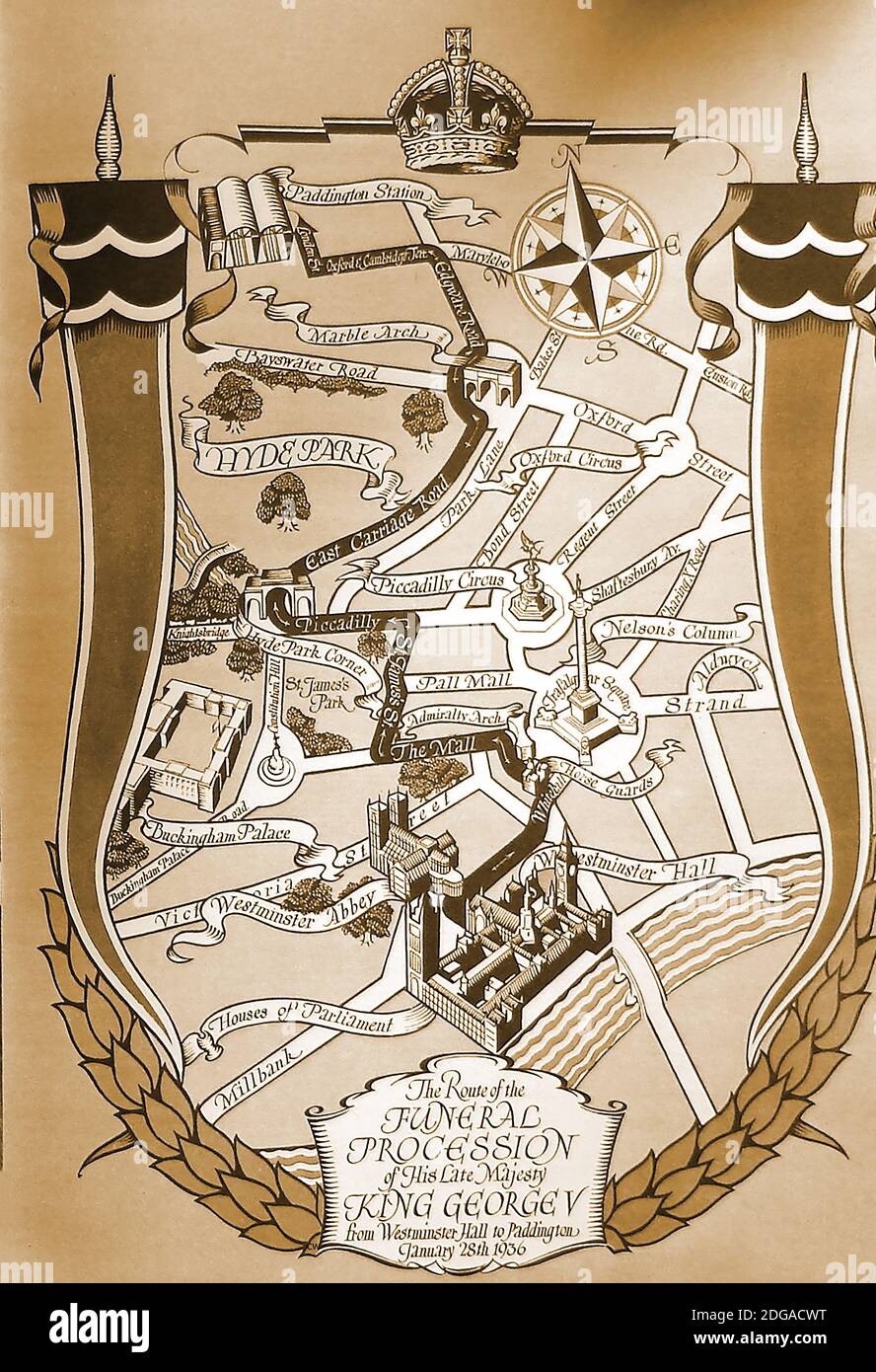 Une carte graphique / plan de la voie de cortège funéraire du roi George V le 28 janvier 1936 à la chapelle Saint-George, château de Windsor, à la suite du mensonge-dans-l'État à Londres. Le roi serait mort d'une maladie pulmonaire attribuée à un tabagisme intense, âgé de 82 ans. Banque D'Images