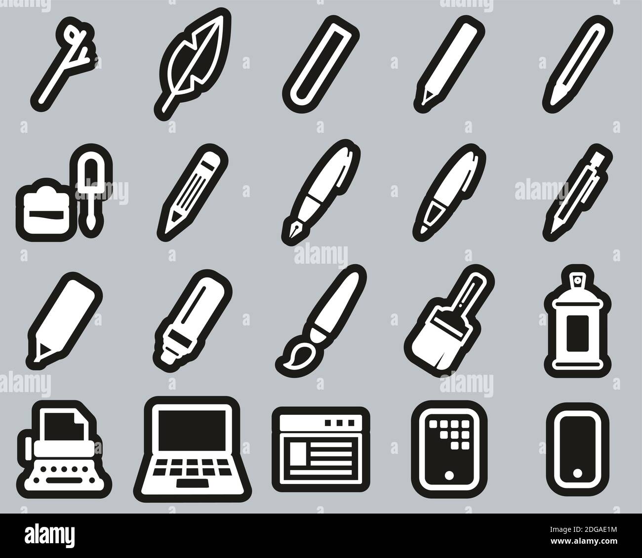 Outils d'écriture icônes blanc sur noir ensemble d'autocollants grand Illustration de Vecteur