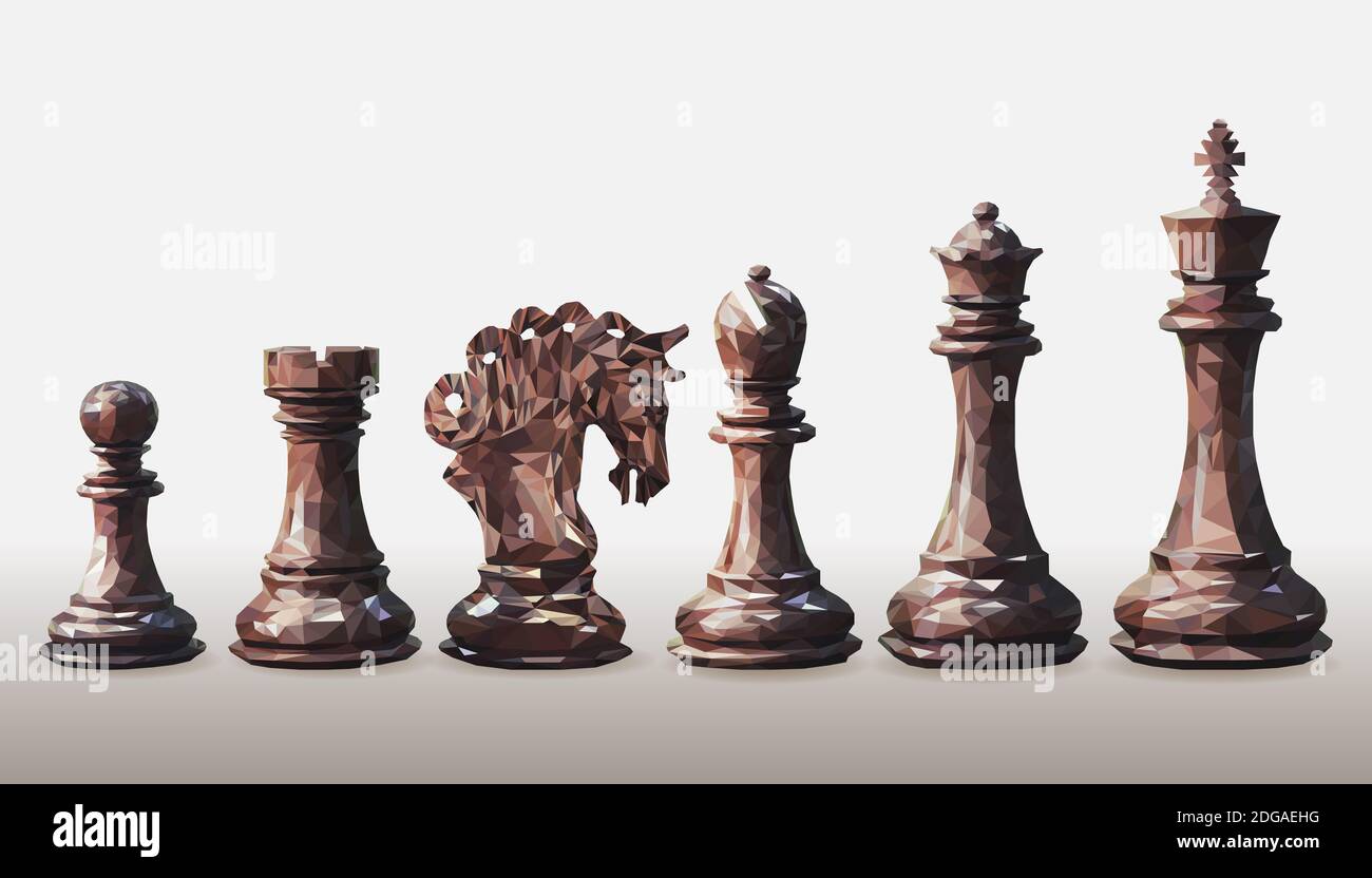 Triangulation vectorielle, ensemble de brun foncé, côté noir, pièces d'échecs, conception basse poly isolée sur fond blanc. Géométrie polygonale des symboles CheckMate Banque D'Images