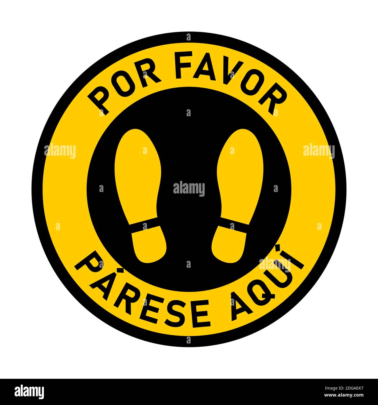 Por favor Parese Aqui ('Please Stand here'in Spanish) Round circulaire Floor Marking icône d'autocollant avec texte et Shoeprints for Queue Line. Image vectorielle. Illustration de Vecteur