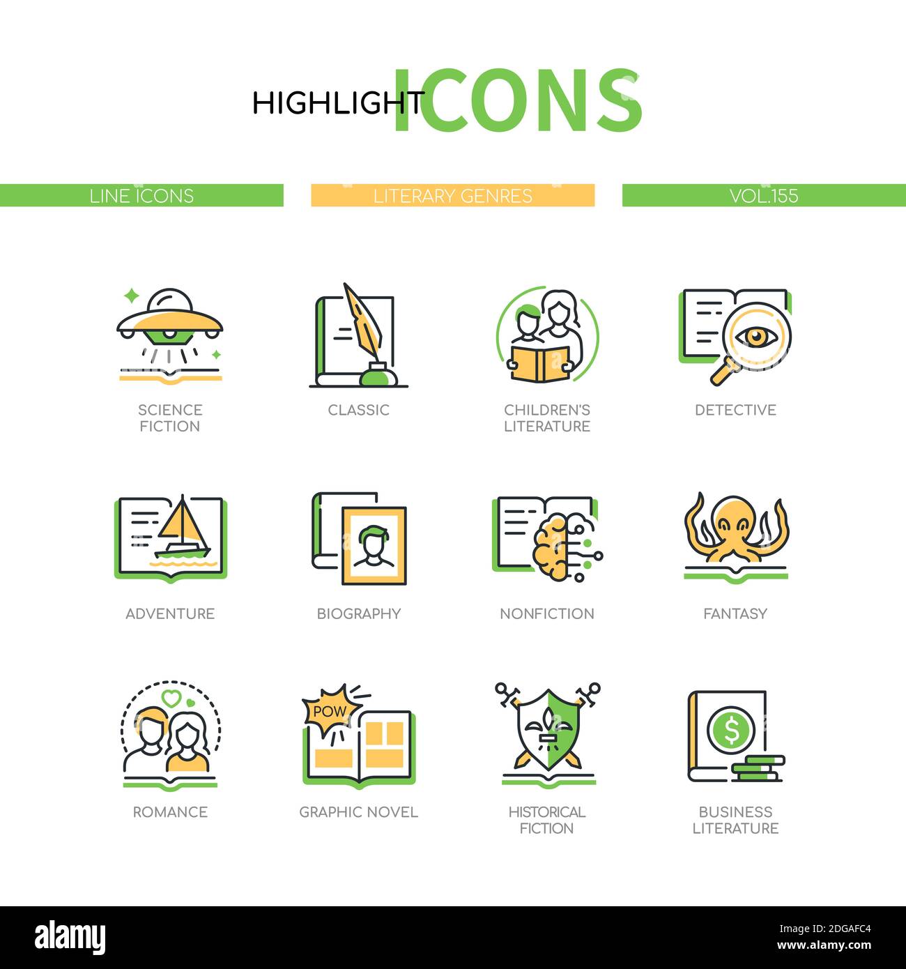 Genres littéraires - jeu d'icônes de style de dessin au trait. Concept de lecture. Science et fiction historique, livres classiques. Détective, aventure, non-fiction, fanta Illustration de Vecteur