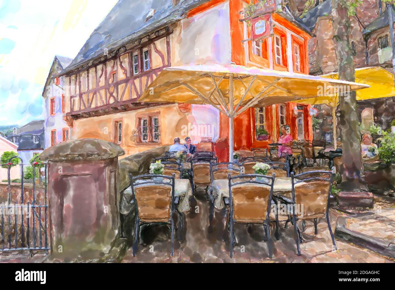Illustration aquarelle du paysage urbain de la Sarre en Rhénanie-Palatinat. Allemagne. Bars et restaurants le long du ruisseau Leukbach. Banque D'Images