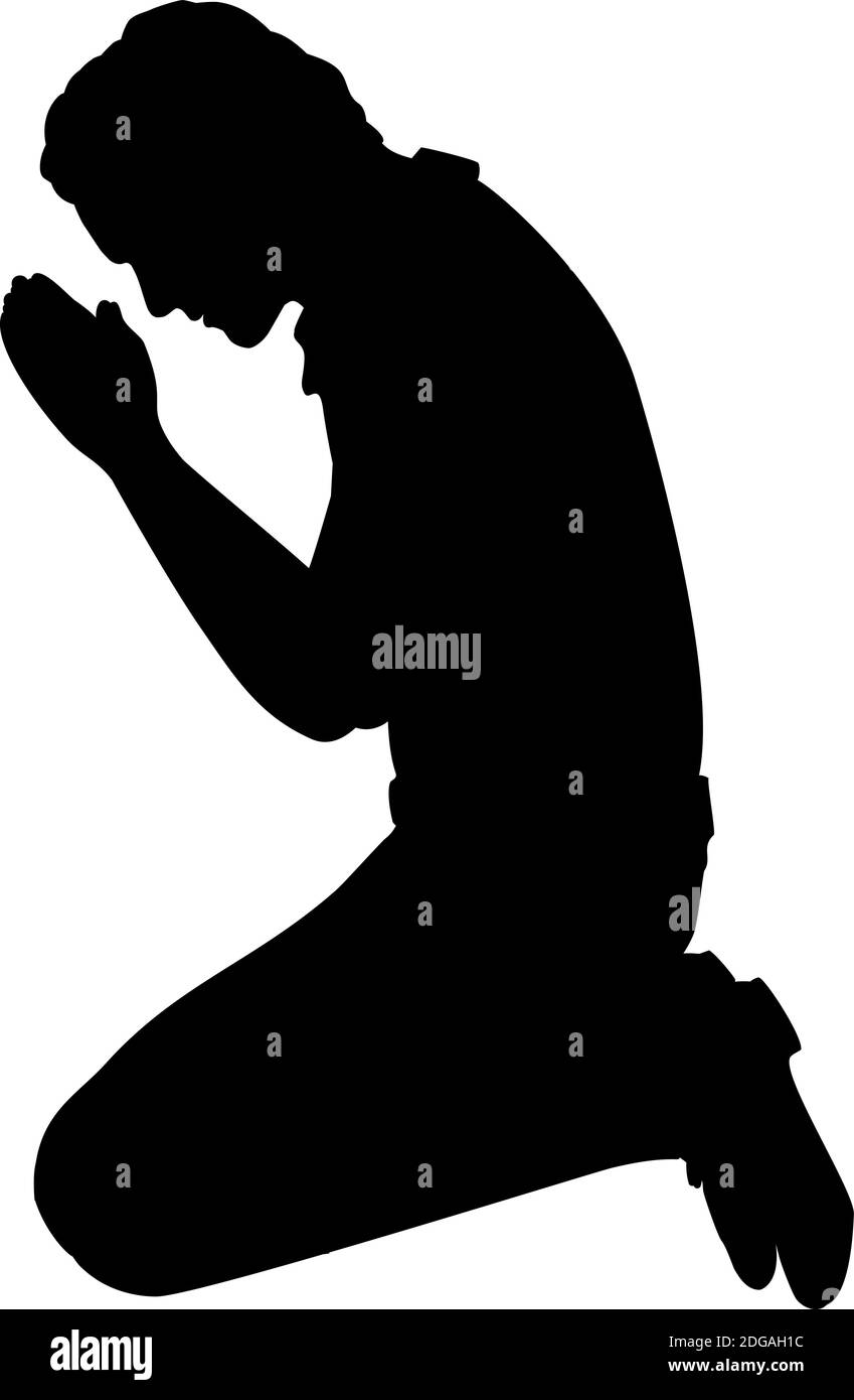Silhouette de l'homme assis sur ses genoux en priant. Icône de symbole d'illustration Illustration de Vecteur