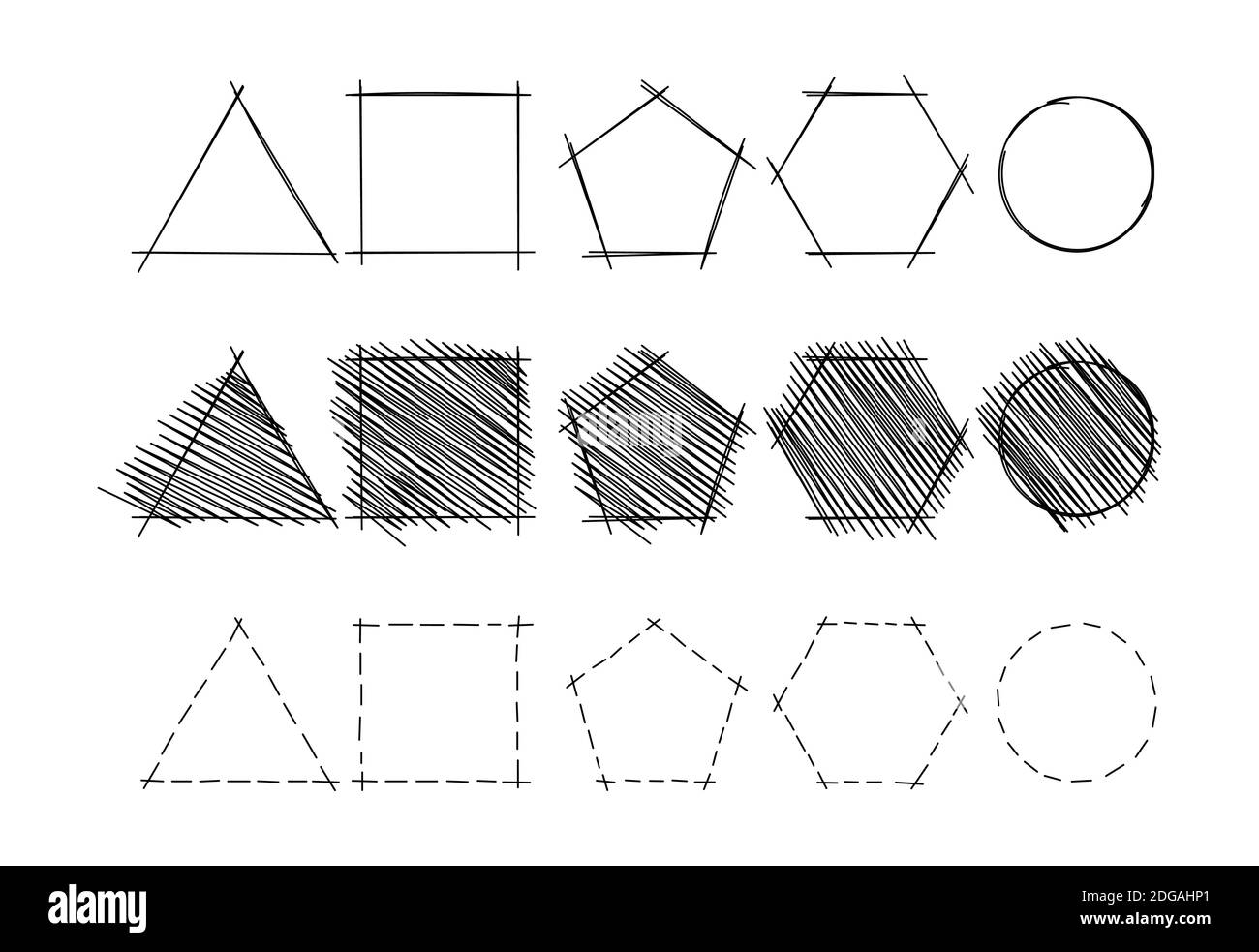 formes géométriques dessinées à la main. formes de triangle, carré, pentagone, hexagonales et circulaires Illustration de Vecteur