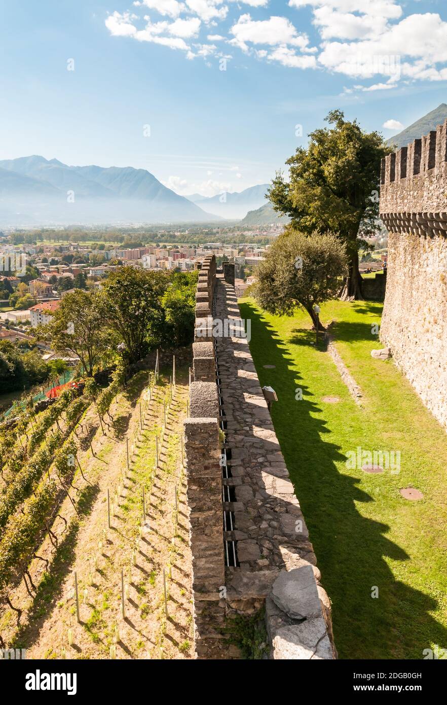 Vue depuis le château de Montebello situé sur une colline rocheuse à l'est de Bellinzona, Tessin, Suisse Banque D'Images