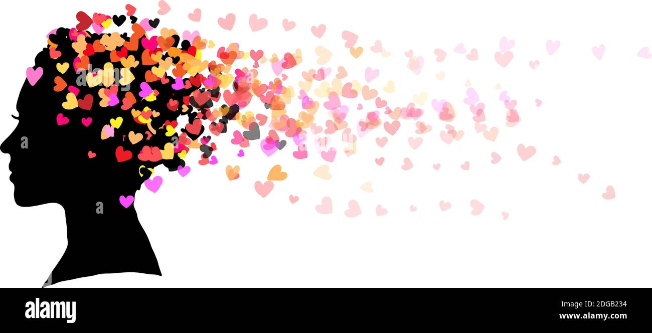 Silhouette de visage de fille avec des cheveux faits de coeurs colorés. Illustration isolée sur fond blanc. Illustration de Vecteur