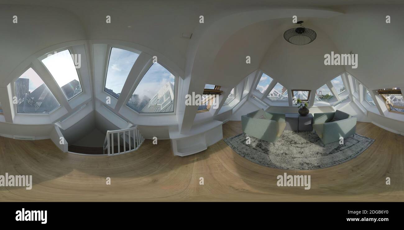 360 VR intérieur de la chambre à l'étage dans Cube House. Rotterdam, pays-Bas Banque D'Images