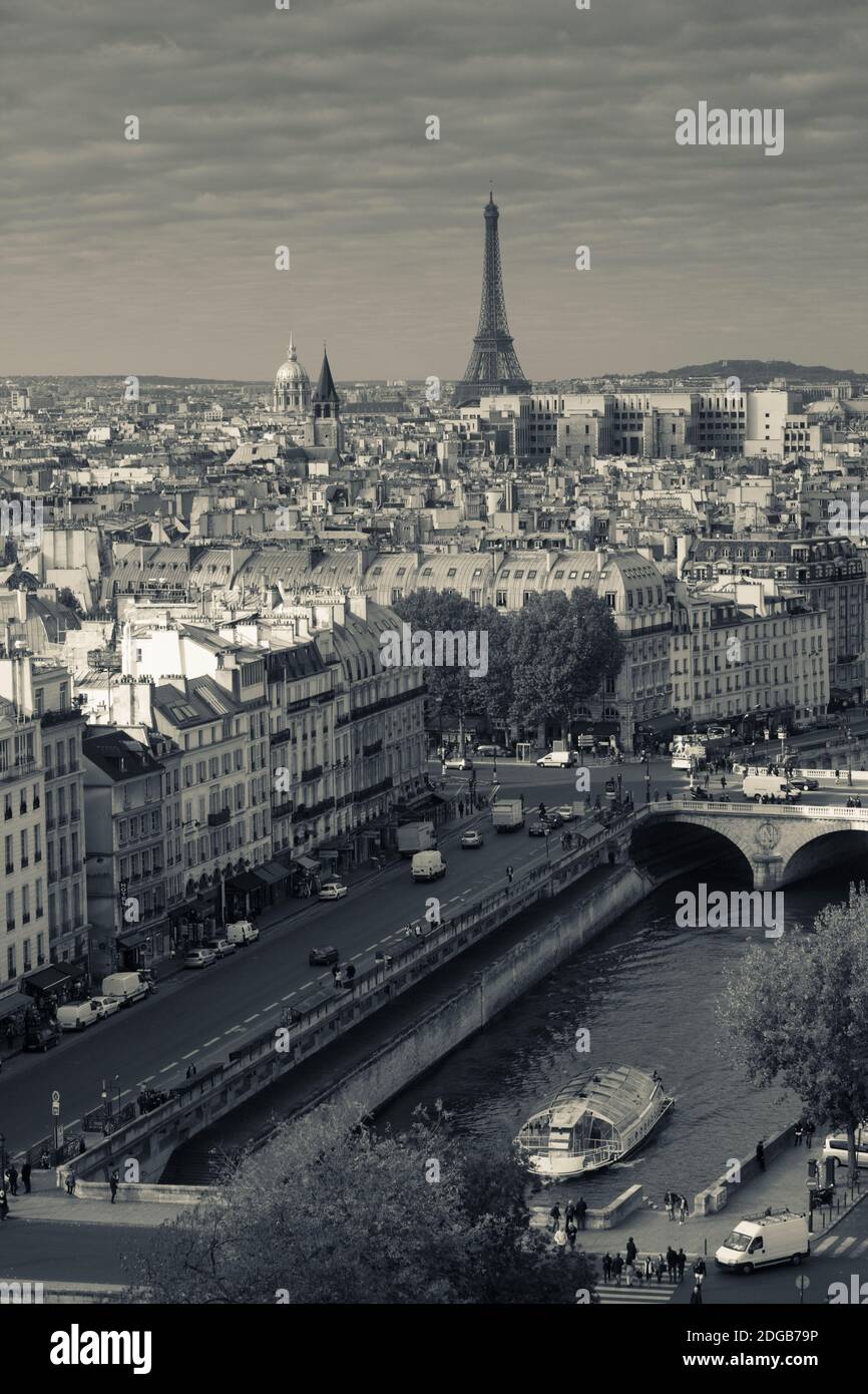 Ville avec tour Eiffel en arrière-plan, vue de la cathédrale notre-Dame, Paris, Ile-de-France, France Banque D'Images