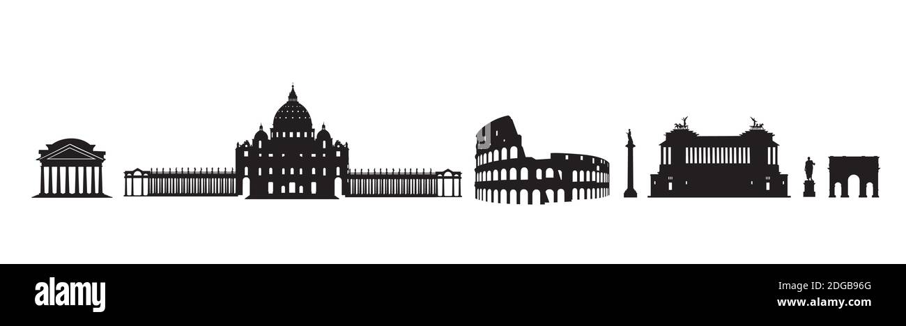 Ensemble de monuments architecturaux de voyage à Rome. Lieux italiens célèbres. Icônes de silhouette de bâtiment. Illustration de Vecteur