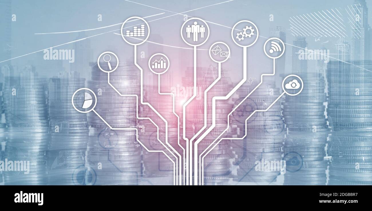 Technologie d'affaires financières utilisant le concept de vie de la liberté d'Internet. Icônes d'applications sur fond flou. Icônes interface de ligne fine Banque D'Images