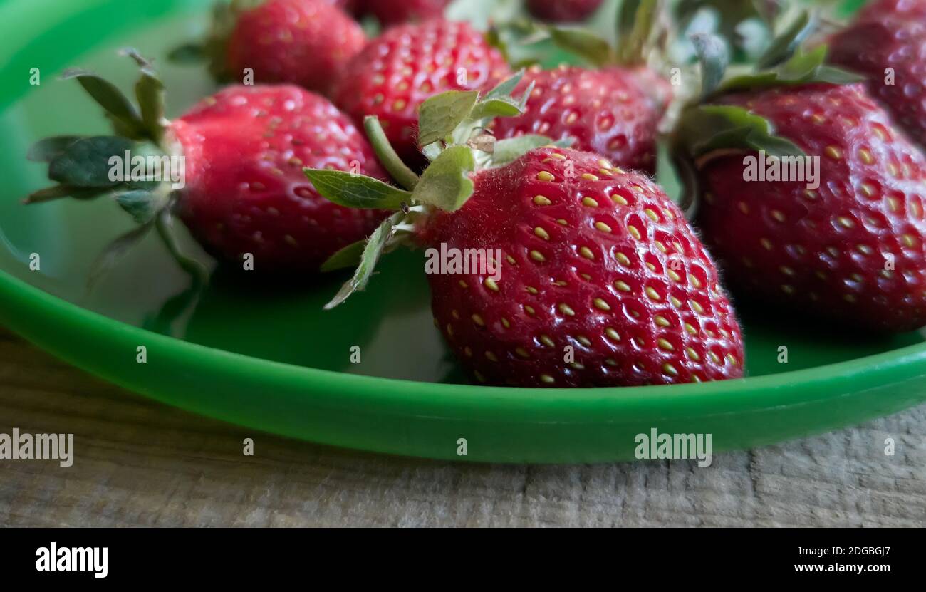 Petits fruits fraise sur un plat vert close-up Banque D'Images