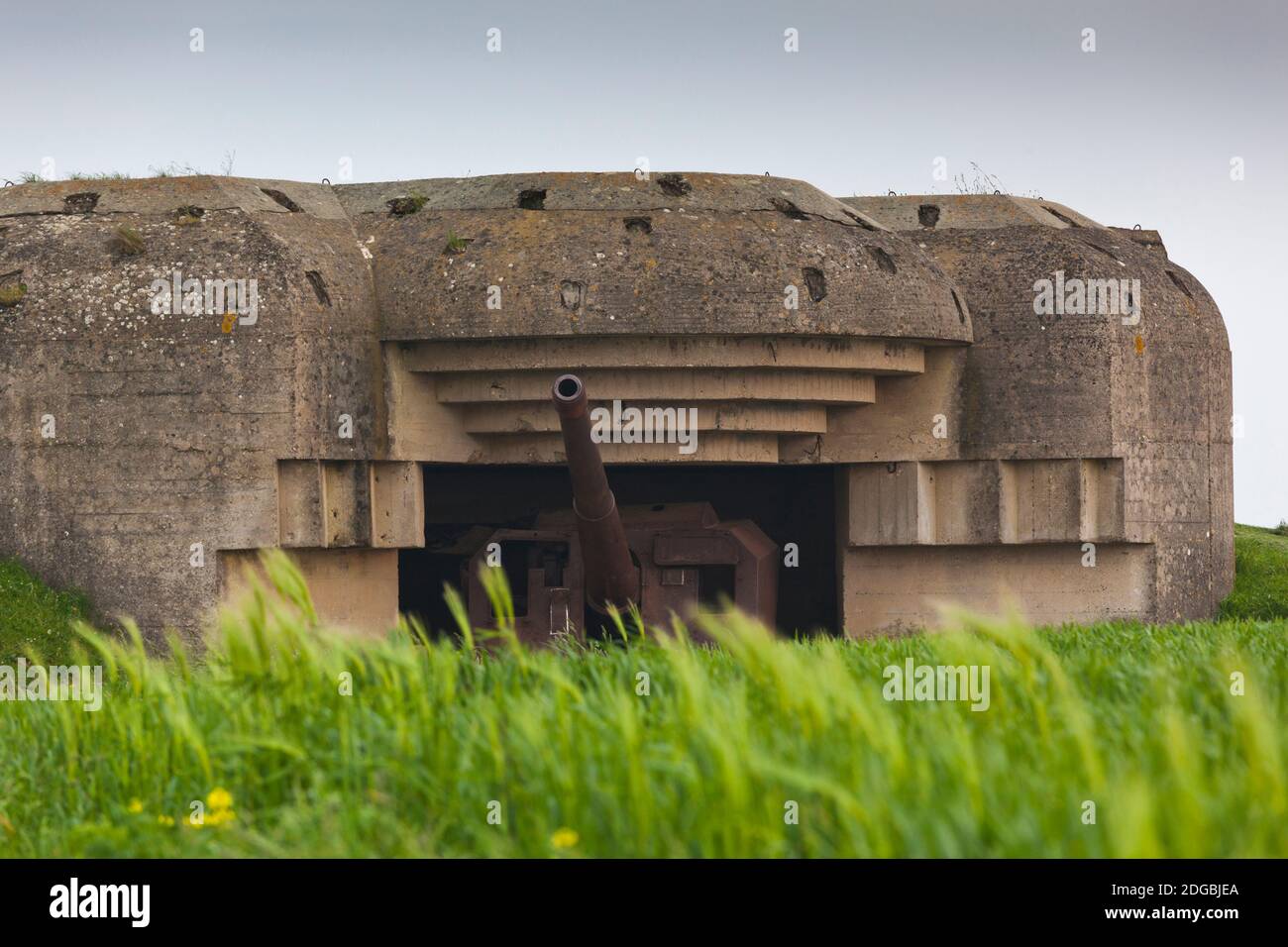 Batterie d'artillerie allemande de 150 mm de l'époque de la Seconde Guerre mondiale dans un bunker en béton, longues-sur-Mer, plages du jour J, Calvados, Normandie, France Banque D'Images