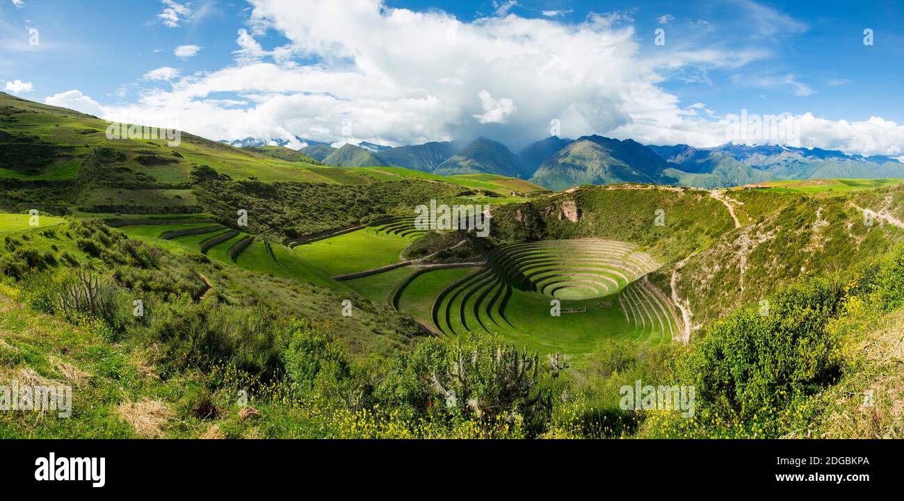 Terrasses Inca circulaires de Moray, district de Machupicchu, province d'Urubamba, région de Cusco, Pérou Banque D'Images