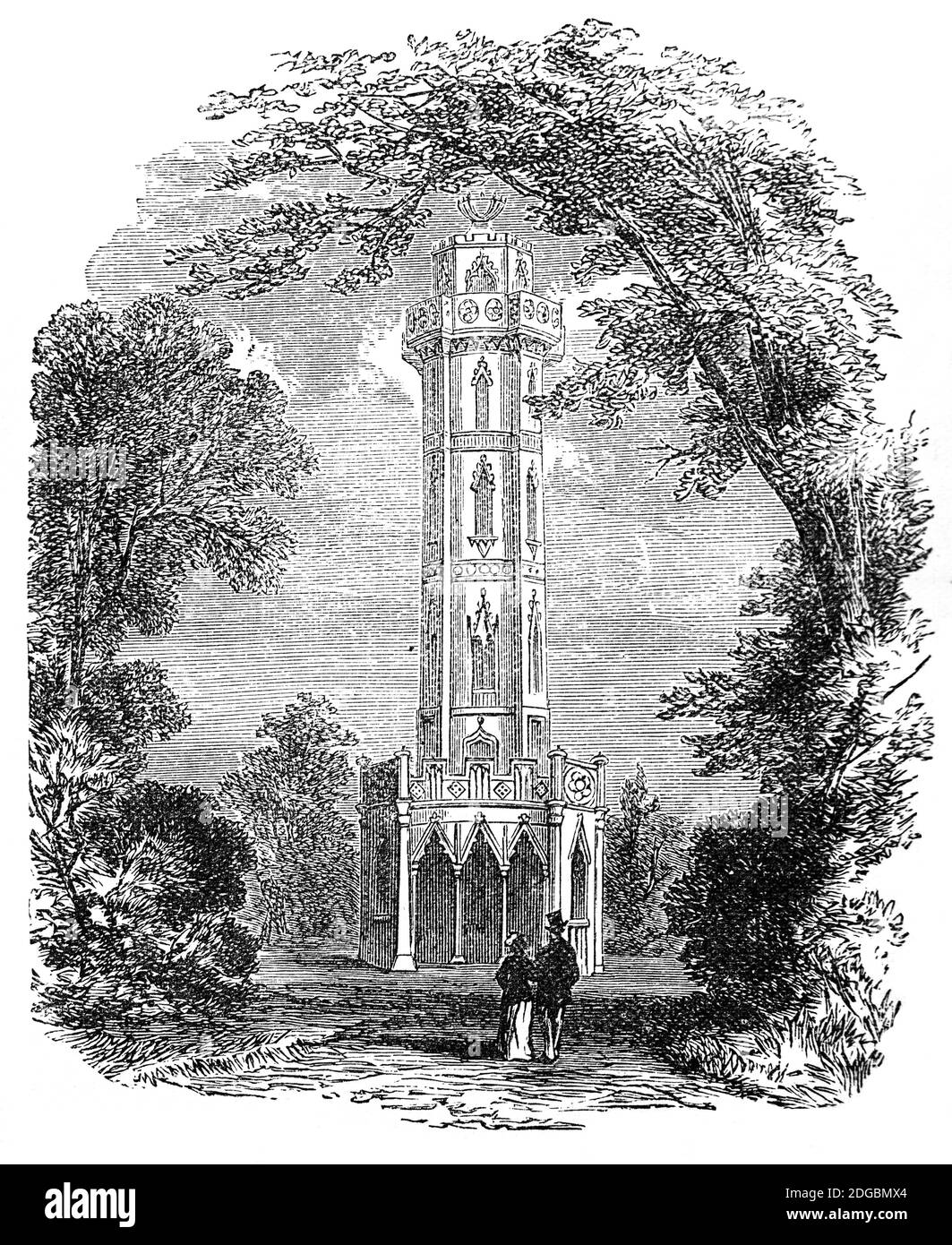 Vue de la fin du XIXe siècle sur la tour Brizlee, surnommée la tour Brislee, sur une colline du château d'Alnwick, demeure du duc de Northumberland à Alnwick, dans le Northumberland. La tour a été commandée pour commémorer la regrettée Lady Elizabeth Seymour, par son mari Hugh Percy, 1er duc de Northumberland, et a été achevée en 1781. Il fonctionne comme une plate-forme d'observation du parc paysagé par « Capability » Brown. Banque D'Images