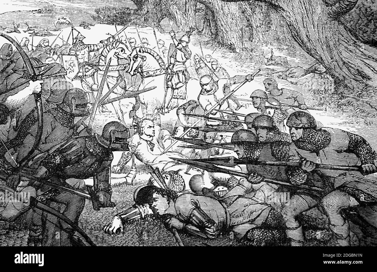 Une illustration de « la ballade de Chevy Chase » qui raconte l'histoire d'une grande partie de chasse sur des terres de chasse (ou poursuite) dans les collines de Cheviot, dans le Northumberland, à la frontière anglo-écossaise. La chasse menée par Percy, le comte anglais de Northumberland, avait été interdite par le comte écossais Douglas qui l'a interprétée comme une invasion de l'Écosse. En réponse, il a attaqué, provoquant une bataille sanglante après laquelle seulement 110 personnes ont survécu. La genèse de la ballade est inconnue, mais peut avoir ses racines dans la bataille d'Otterburn de 1388. Banque D'Images