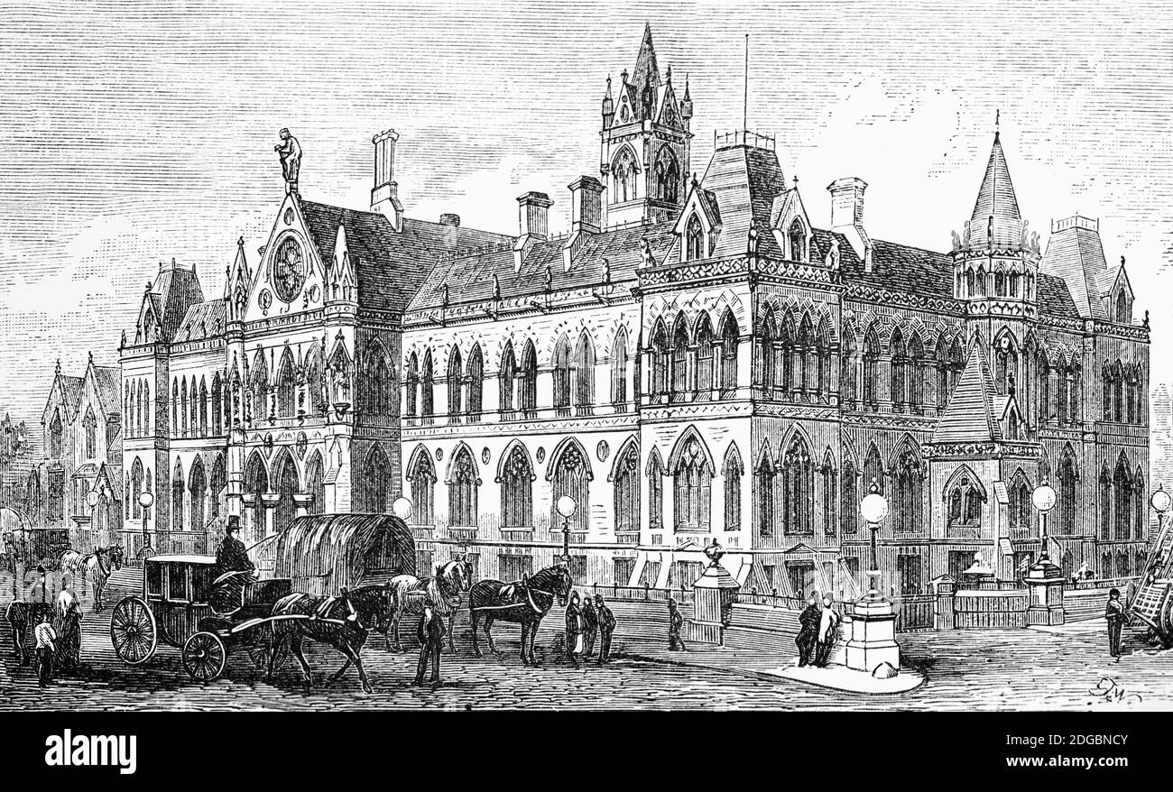 Vue de la fin du XIXe siècle sur les terrains d'assises de Manchester, dans la rue Great Ducie, dans le quartier des Strangways de Manchester, en Angleterre. Le premier bâtiment civique à être construit à Manchester après l'hôtel de ville, il a été conçu par Alfred Waterhouse dans le style gothique vénitien; la construction a commencé en 1859 et a été achevée en 1864. Il a été plus tard gravement endommagé au Manchester Blitz en 1940 et 1941 et démoli en 1957. Banque D'Images