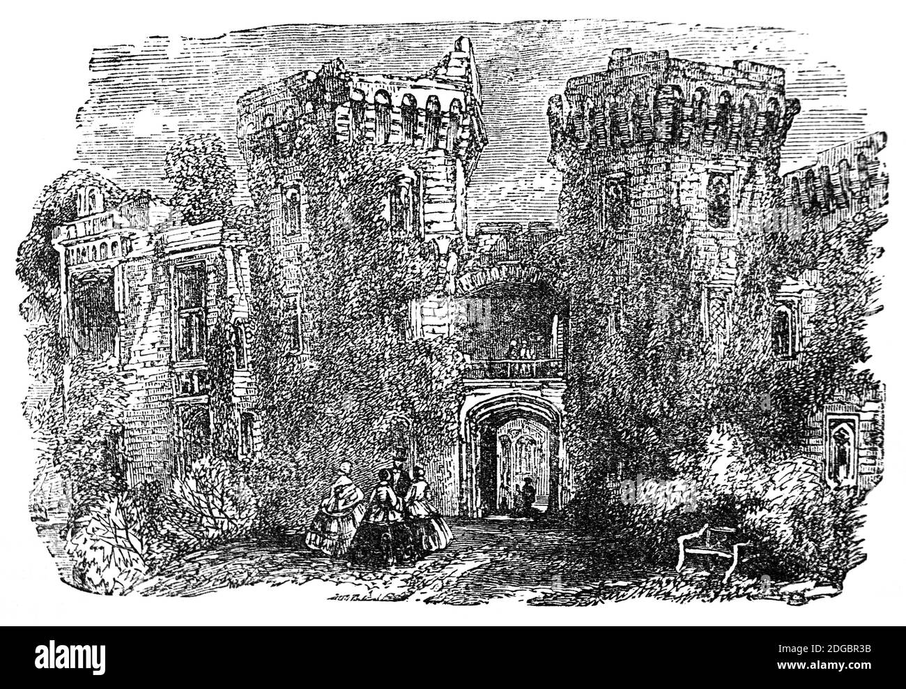 Vue du XIXe siècle sur le principal portail du château de Raglan, un château médiéval situé au nord du village de Raglan dans le Monbucshire, au sud du pays de Galles. Le château moderne date du XVIe siècle, lorsque les familles successives des Herberts et des Somersets créèrent un château fort luxueux. Pendant la guerre civile anglaise, le château a été tenu au nom de Charles Ier, mais pris par les forces parlementaires en 1646. Au lendemain, le château fut démantelé; après la restauration de Charles II, les Somersets déclinèrent pour restaurer le château et il devint une ruine romantique. Banque D'Images