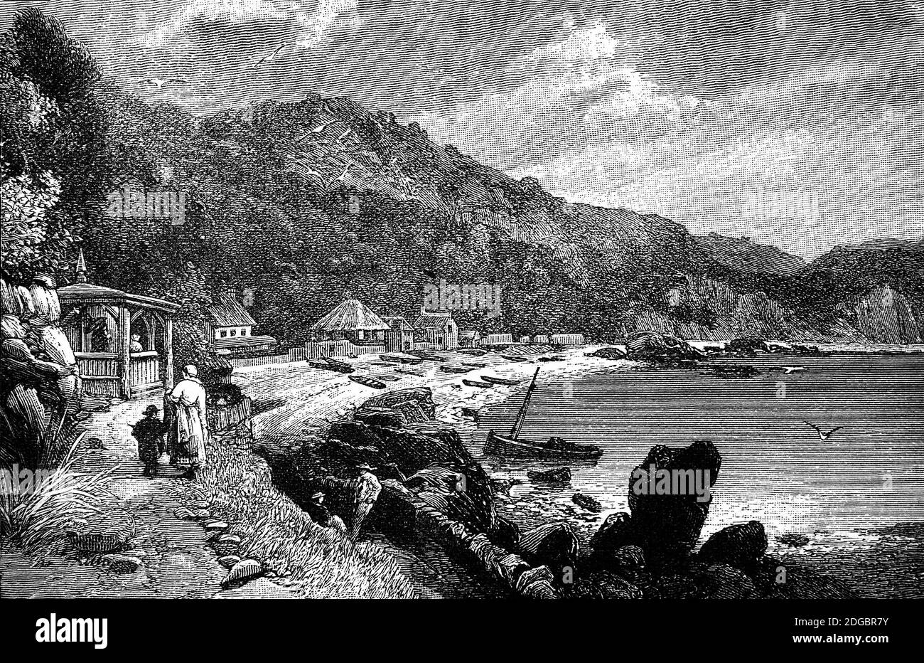 Une vue du XIXe siècle de la baie de Babbacombe, une indentation nord-sud peu profonde et large sur la côte sud du Devon, en Angleterre. S'ouvrant vers l'est dans la Manche et à environ quatre à cinq milles terrestres à travers son embouchure, il est délimité par Hope's Nose et Torquay au sud et à peu près la rivière Teign et Teignmouth au nord. Banque D'Images