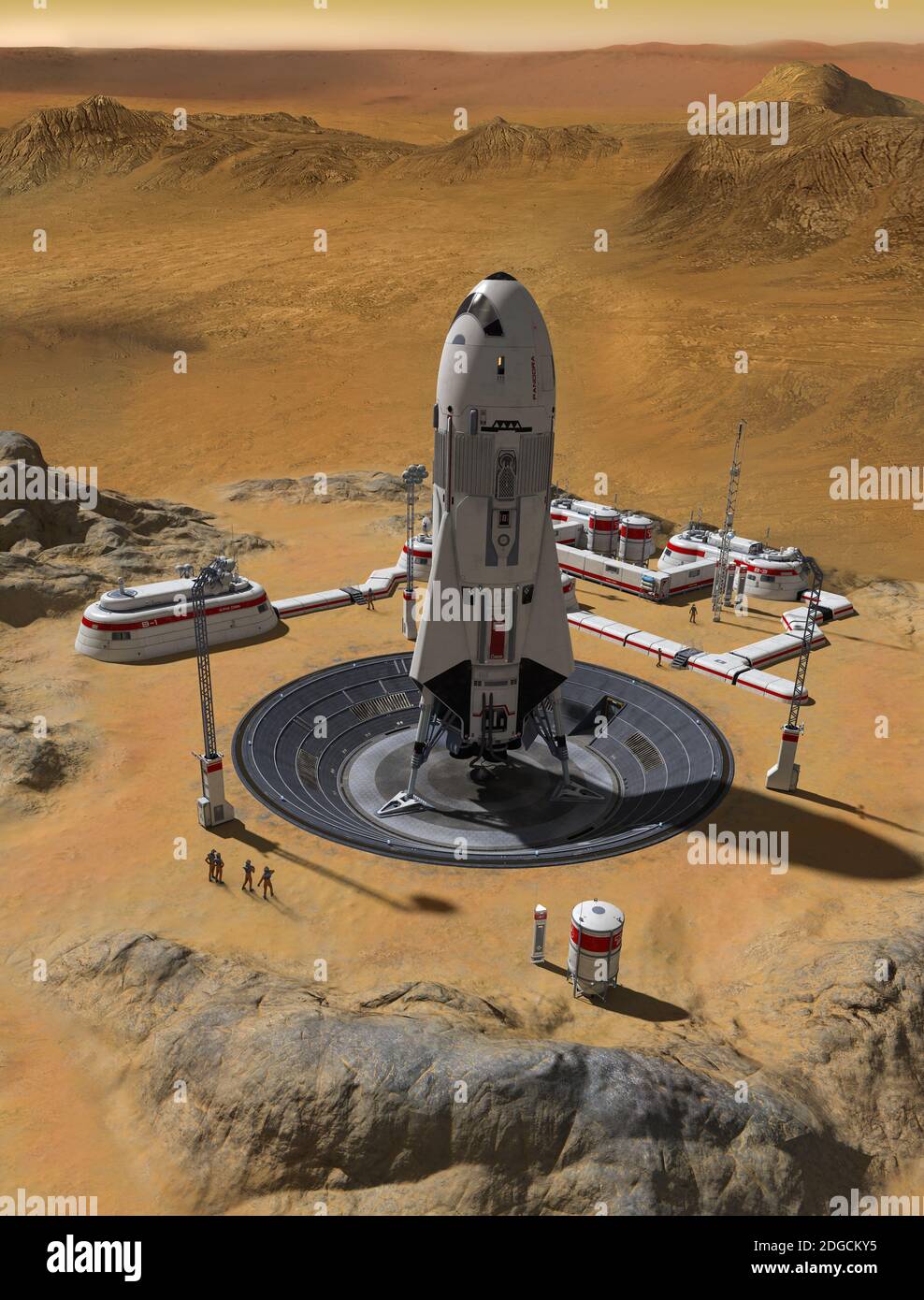 Base de peuplement humain sur la planète Mars avec une lance-roquettes et une vue sur la planète rouge, rendu 3d. Banque D'Images