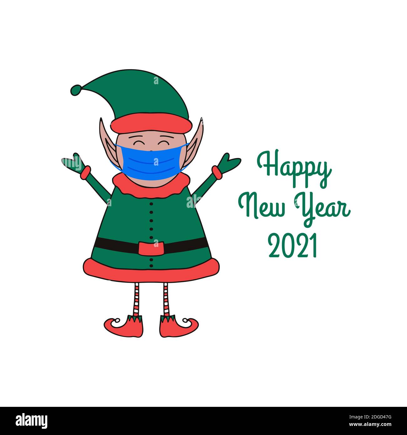 Carte de vœux du nouvel an avec un joli Elf dans un masque médical sur fond blanc. Illustration de Vecteur