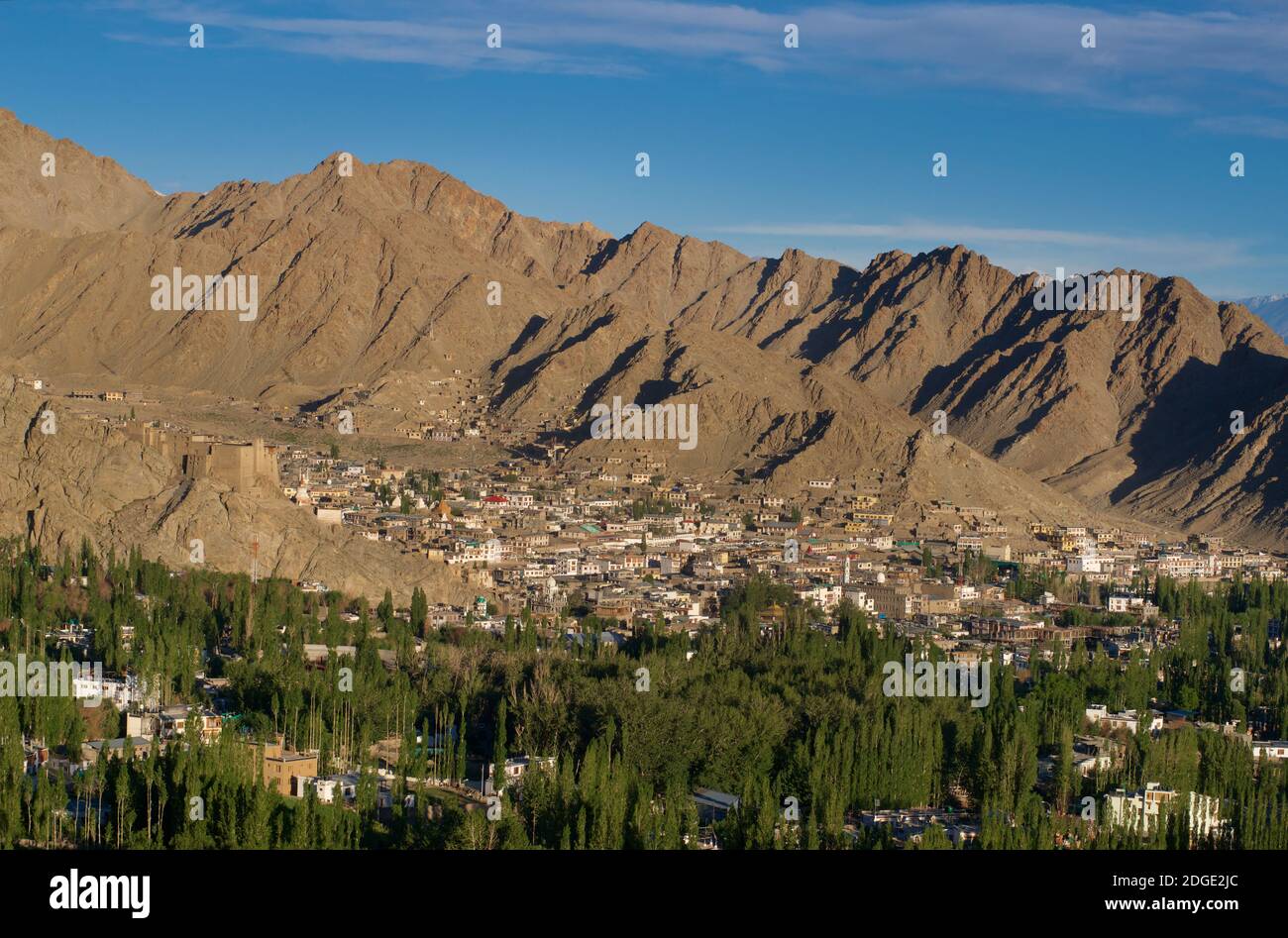 Vue sur la banlieue de Leh vue de Shanti Stupa, district de Leh, Ladakh, Jammu-et-Cachemire, Inde. Leh Palace sur l'éperon rocheux sur la droite. Banque D'Images