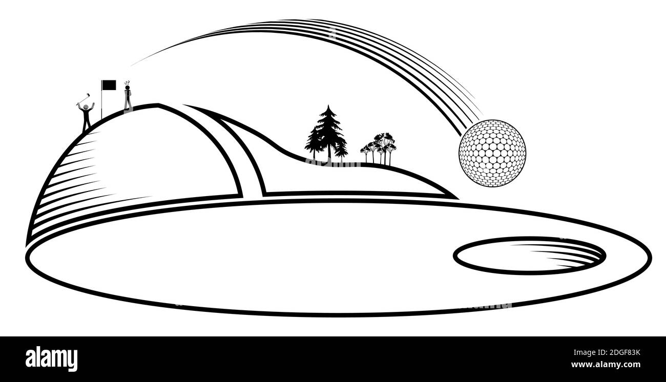 Figurines de bâton, groupe de golfeurs jouent sur le terrain. La balle de golf de sports vole dans le trou après coup de précision. Un mode de vie sain. Vecteur Illustration de Vecteur