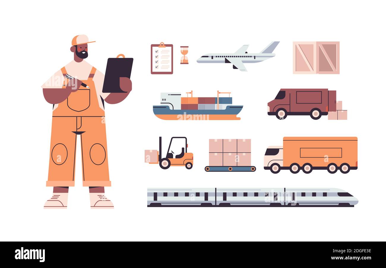ensemble de transport logistique de différents transports et livreur en uniforme illustration vectorielle horizontale isolée du concept de service de livraison express Illustration de Vecteur