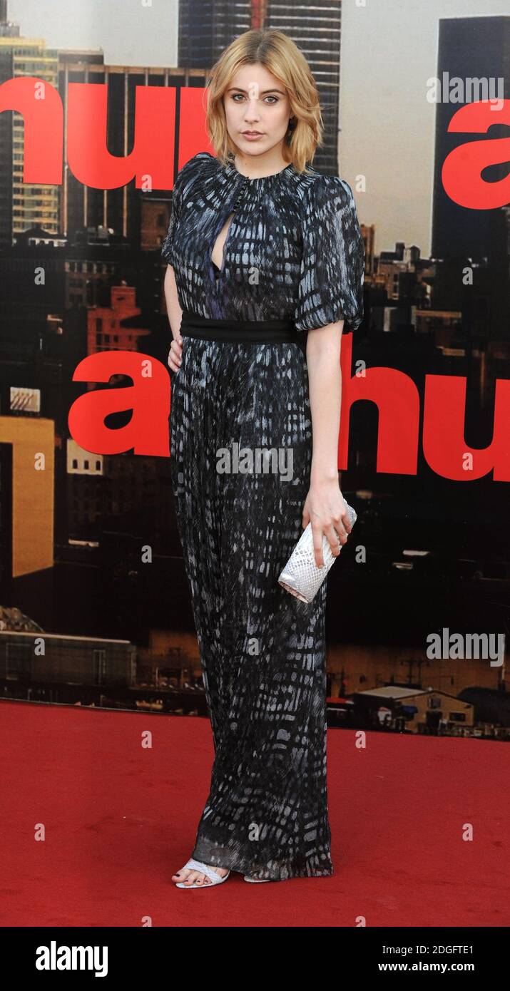 GRETA Gerwig arrivée à la première britannique d'Arthur, vue Cinema, The O2, Greenwich, Londres. Banque D'Images