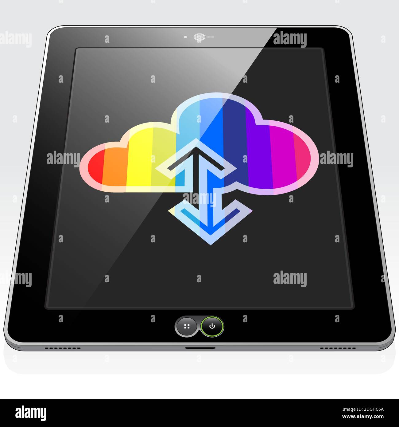 Une icône de synchronisation de Data Cloud strié arc-en-ciel s'affiche sur un écran Tablet PC. Illustration de Vecteur
