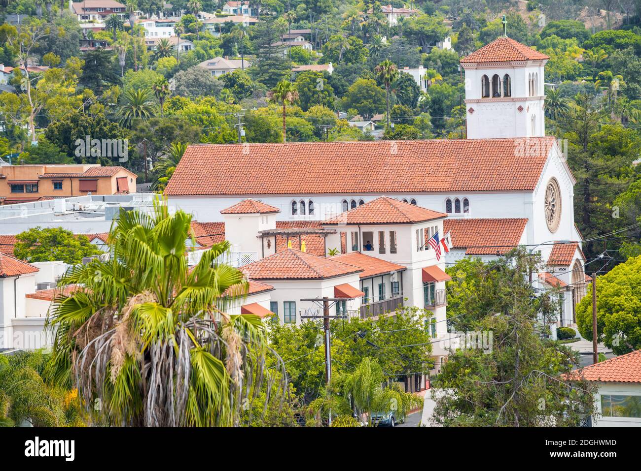 Santa Barbara, Californie. Vue aérienne des jardins du palais de justice du comté Banque D'Images